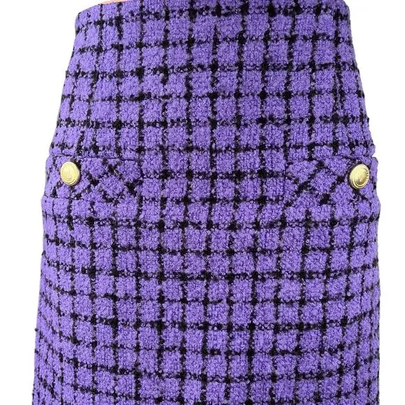 Sandro Clarinette Purple Checkered Plaid Tweed Straight Pencil Mini Skirt Sz 36 - Picture 6 of 8